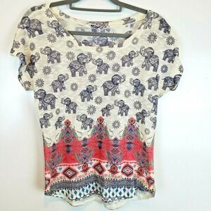 GAZE USA Women's Multicolor Elephant Print Short Sleeve Top Size Medium